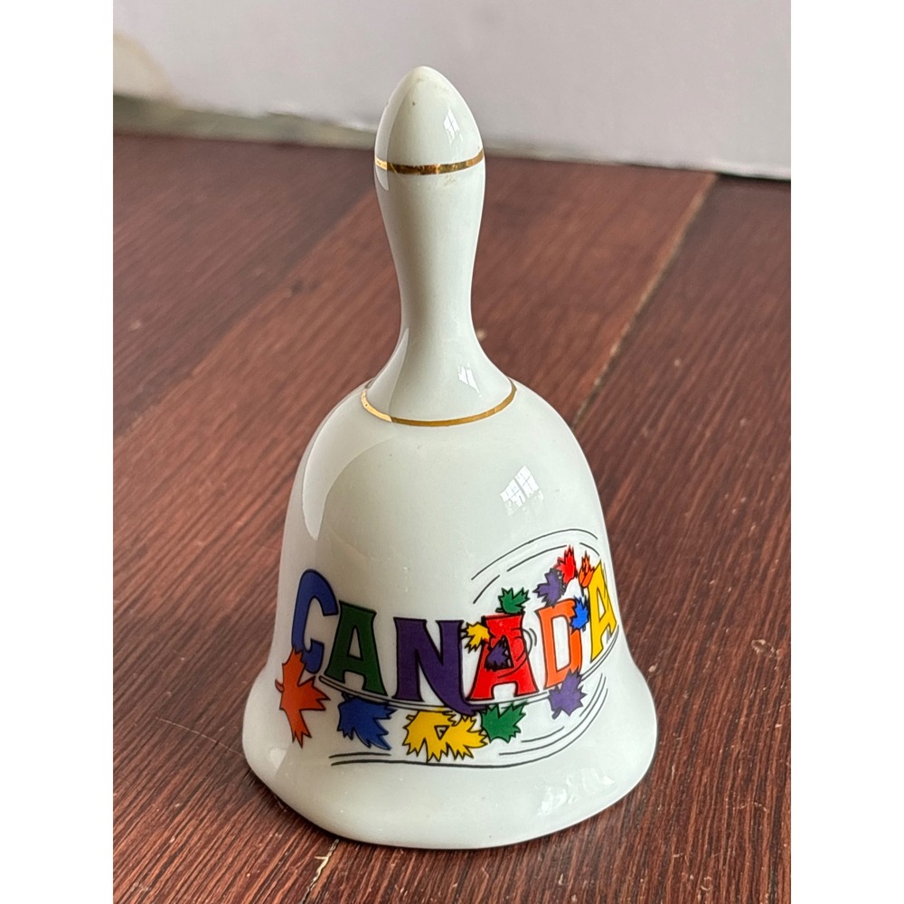 VTG Canada Souvenir Ceramic Bell White Gold Trim Maple Leaf Travel Collectible